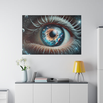 Close-up of a blue eye with a space-themed iris and white lashes, mounted on a wall above a white cabinet with a yellow lamp.