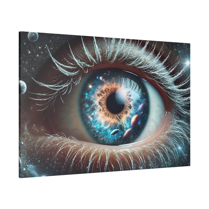 Close-up of a blue eye with a multicolored iris and space-galaxy reflections in the pupil.