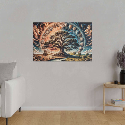 Canvas wall art showing a large tree at center with a ring of moon phases surrounding it in warm celestial colors.