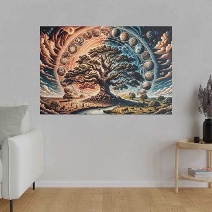 Large canvas featuring a gnarled tree at center within a circular planetary motif and orbiting moons, hung on a gray living-room wall.