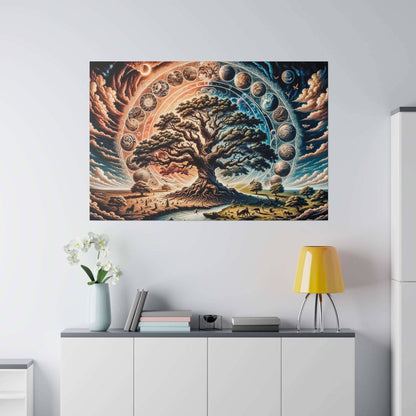 Large canvas print of a twisted Tree of Life beneath a circular orbit of moons and planets in warm-to-cool colors.