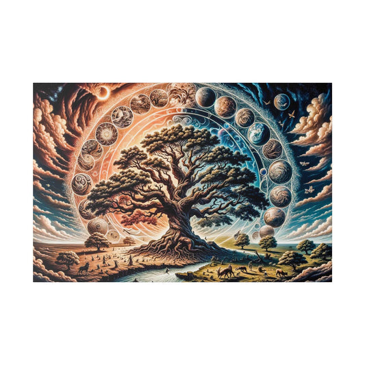 Vibrant canvas art of a large, gnarled tree in a surreal landscape, surrounded by a circular orbit of moons and planets.