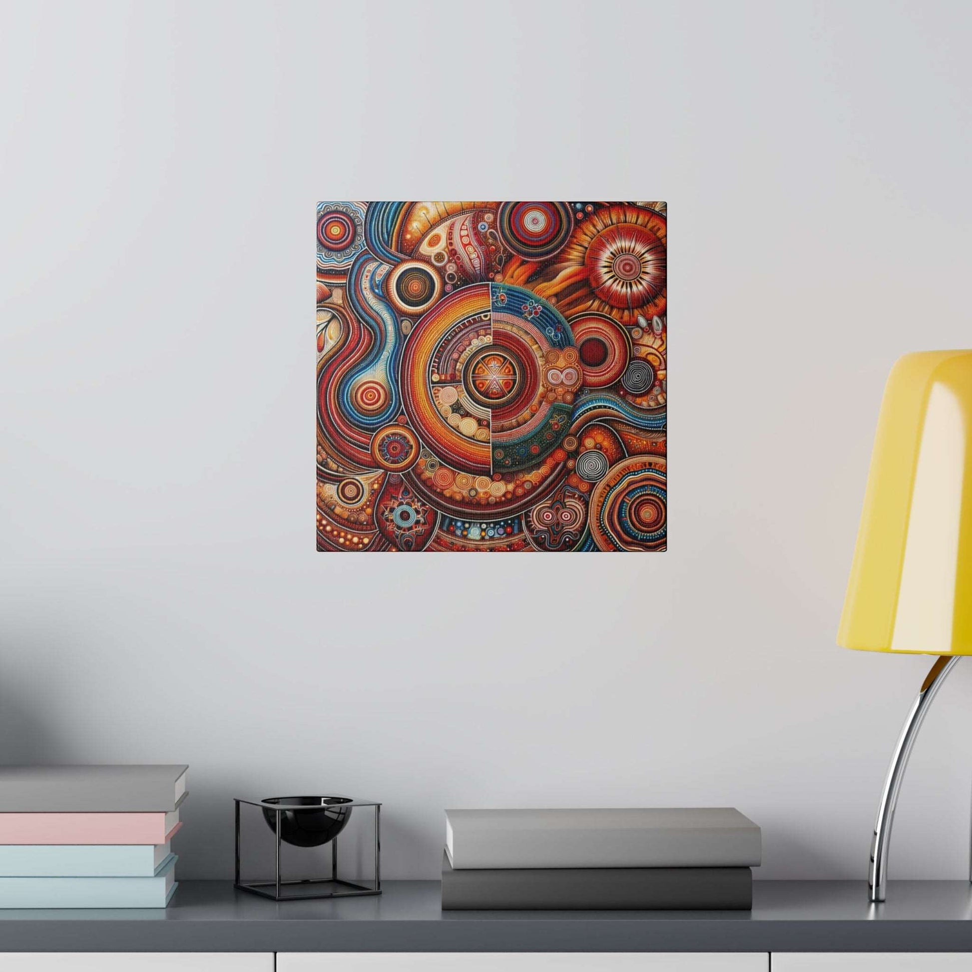 Aboriginal art-inspired canvas print with intricate multicolored circular patterns and concentric designs.