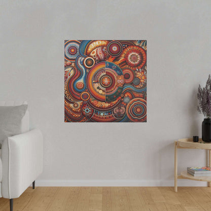 Colorful circular Aboriginal-inspired canvas print with red, orange, blue and gold concentric motifs hung on a light gray wall.