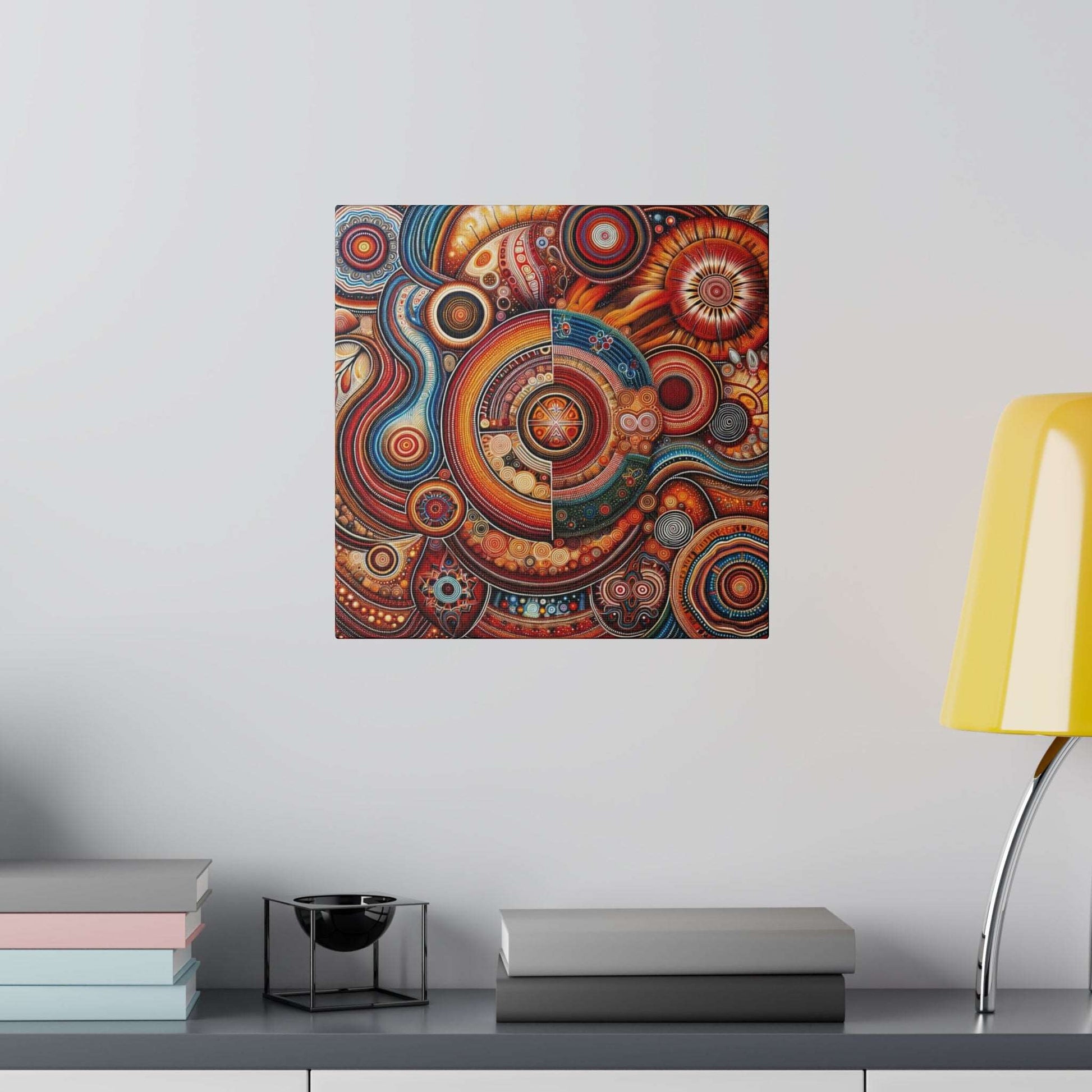 Square canvas print featuring Aboriginal-inspired circular, multicolored geometric patterns in orange, red, blue.