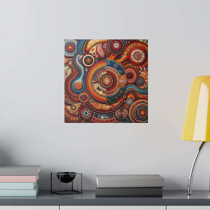 Square canvas print featuring Aboriginal-inspired circular, multicolored geometric patterns in orange, red, blue.