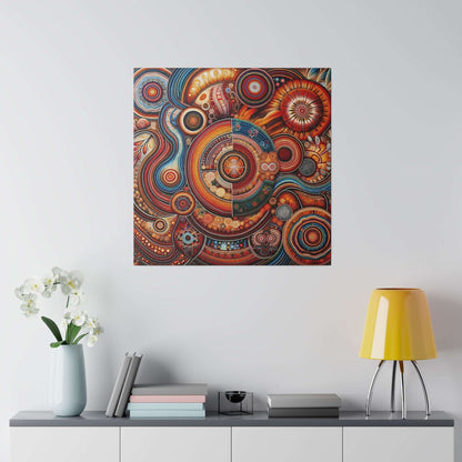 Abstract Aboriginal-inspired canvas print with circular, swirl patterns in red, orange, and blue.