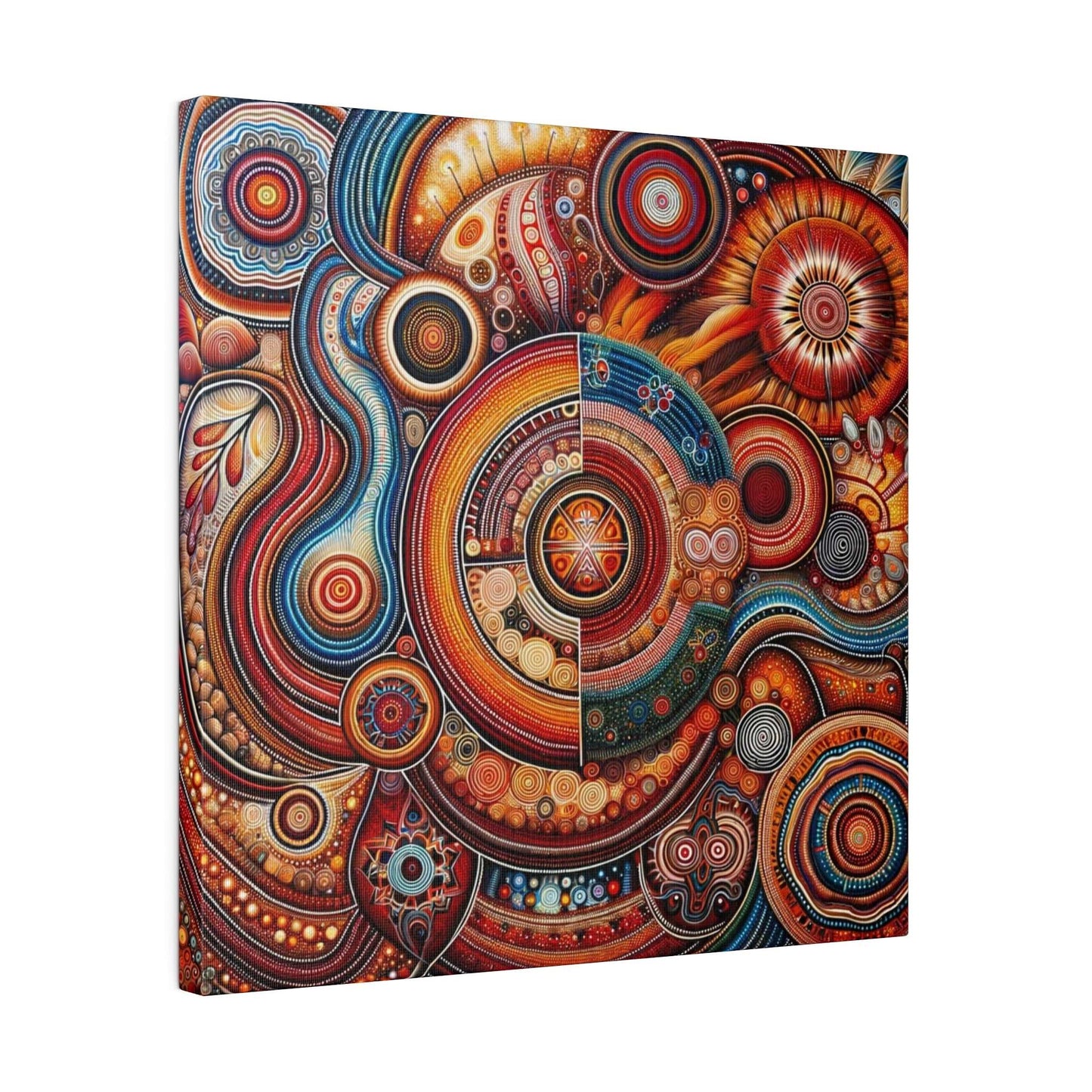Abstract Aboriginal-inspired canvas print with circular spirals in orange, red, blue, and yellow.