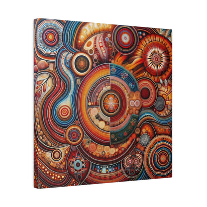 Abstract Aboriginal-inspired canvas print with circular spirals in orange, red, blue, and yellow.
