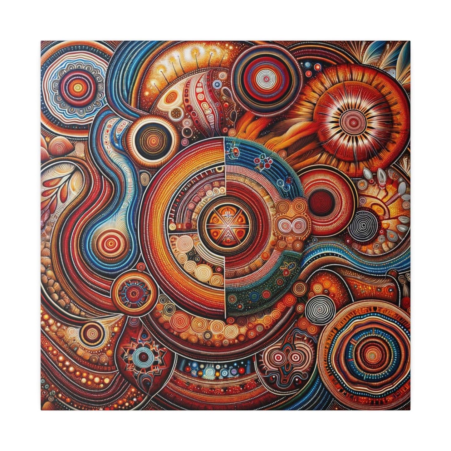 Abstract Aboriginal-inspired canvas print featuring concentric circular patterns in red, orange, blue, and earthy tones.