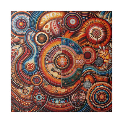 Abstract Aboriginal-inspired canvas print featuring concentric circular patterns in red, orange, blue, and earthy tones.