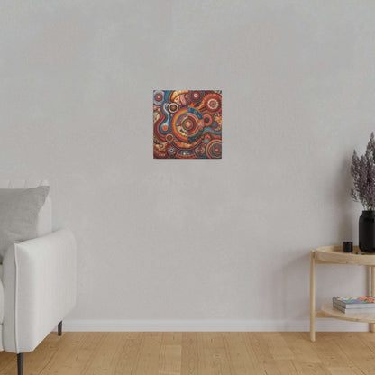Small square canvas print with vibrant circular Aboriginal-inspired patterns hanging on a light gray wall.