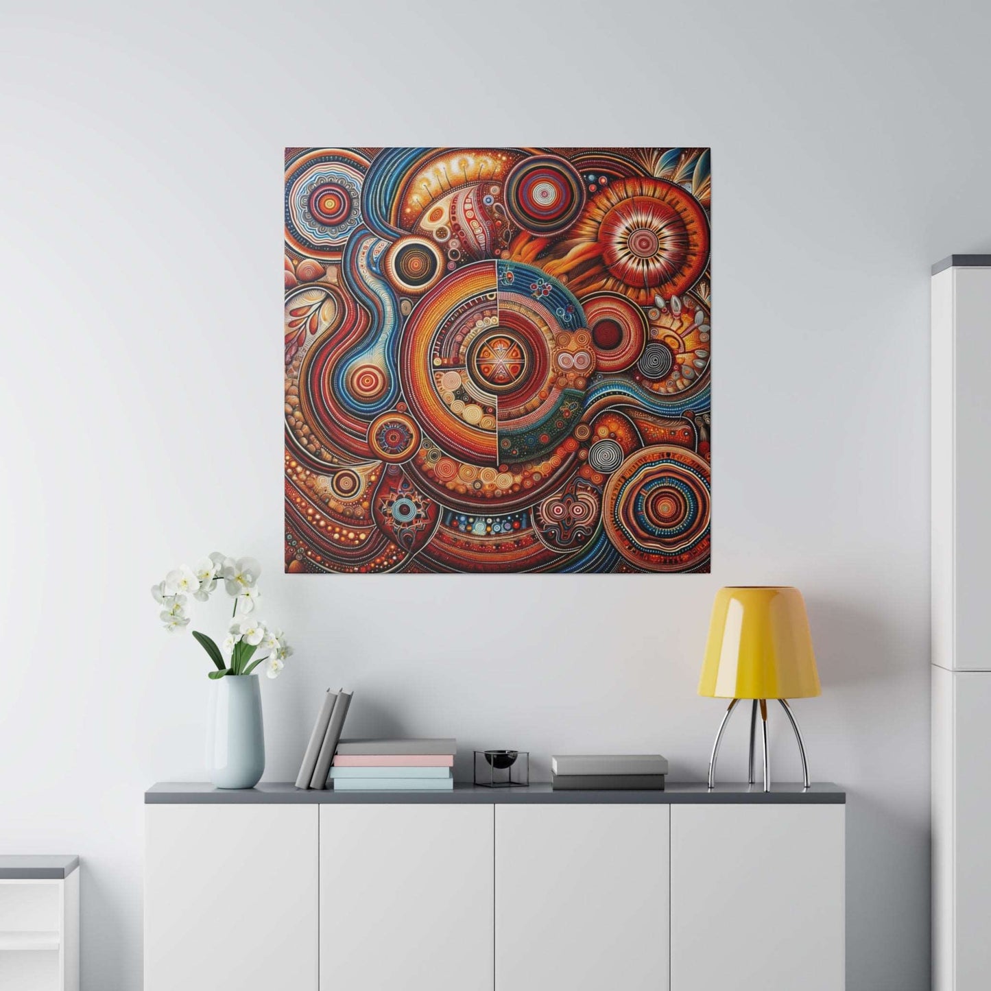 Aboriginal-inspired canvas print with circular, multicolored patterns in orange, red, and blue on a light wall.
