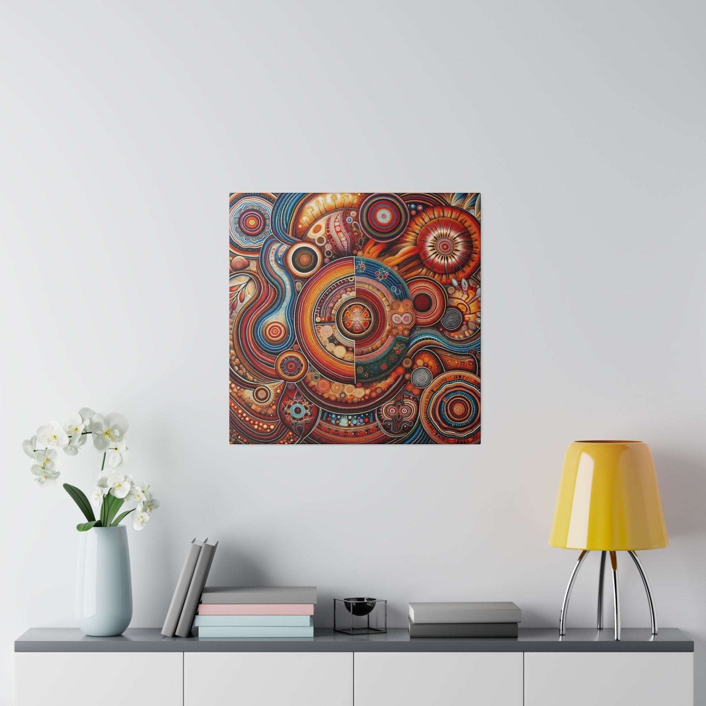 Square Aboriginal art canvas with circular, concentric patterns in red, orange, and blue hanging on a white wall above a console.