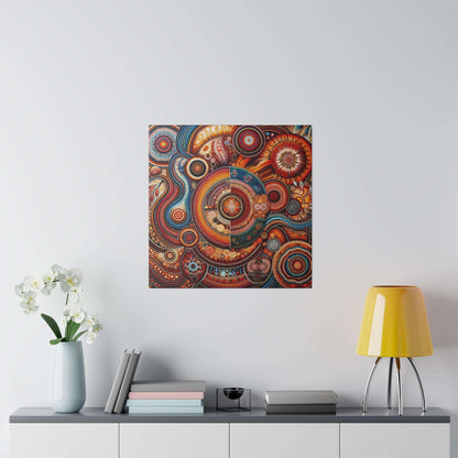 Square Aboriginal art canvas with circular, concentric patterns in red, orange, and blue hanging on a white wall above a console.