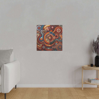 Colorful abstract canvas print with circular Aboriginal-inspired motifs in warm reds and blues, hanging on a light gray wall.