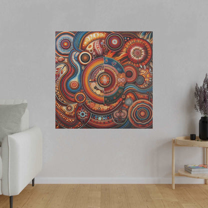 Colorful abstract canvas print featuring concentric circles and swirling patterns on a gray wall.