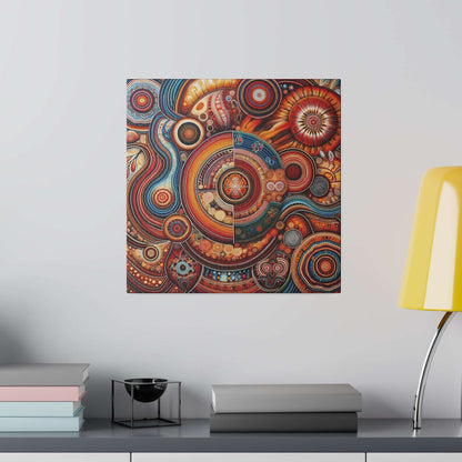 A vibrant abstract canvas print featuring concentric circular patterns in red, orange, blue and earthy tones.