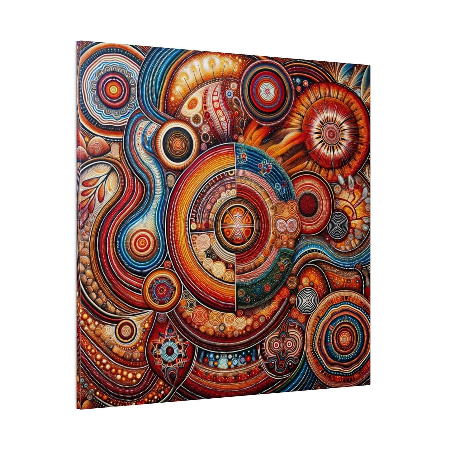 Abstract Aboriginal-inspired canvas print featuring concentric circles and swirling patterns in red, orange, blue, and gold.