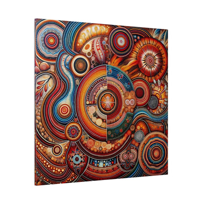 Abstract Aboriginal-inspired canvas print featuring concentric circles and swirling patterns in red, orange, blue, and gold.