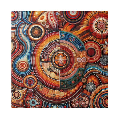 Vibrant Aboriginal-inspired canvas print featuring interlocking circular patterns in red, orange, blue and yellow.