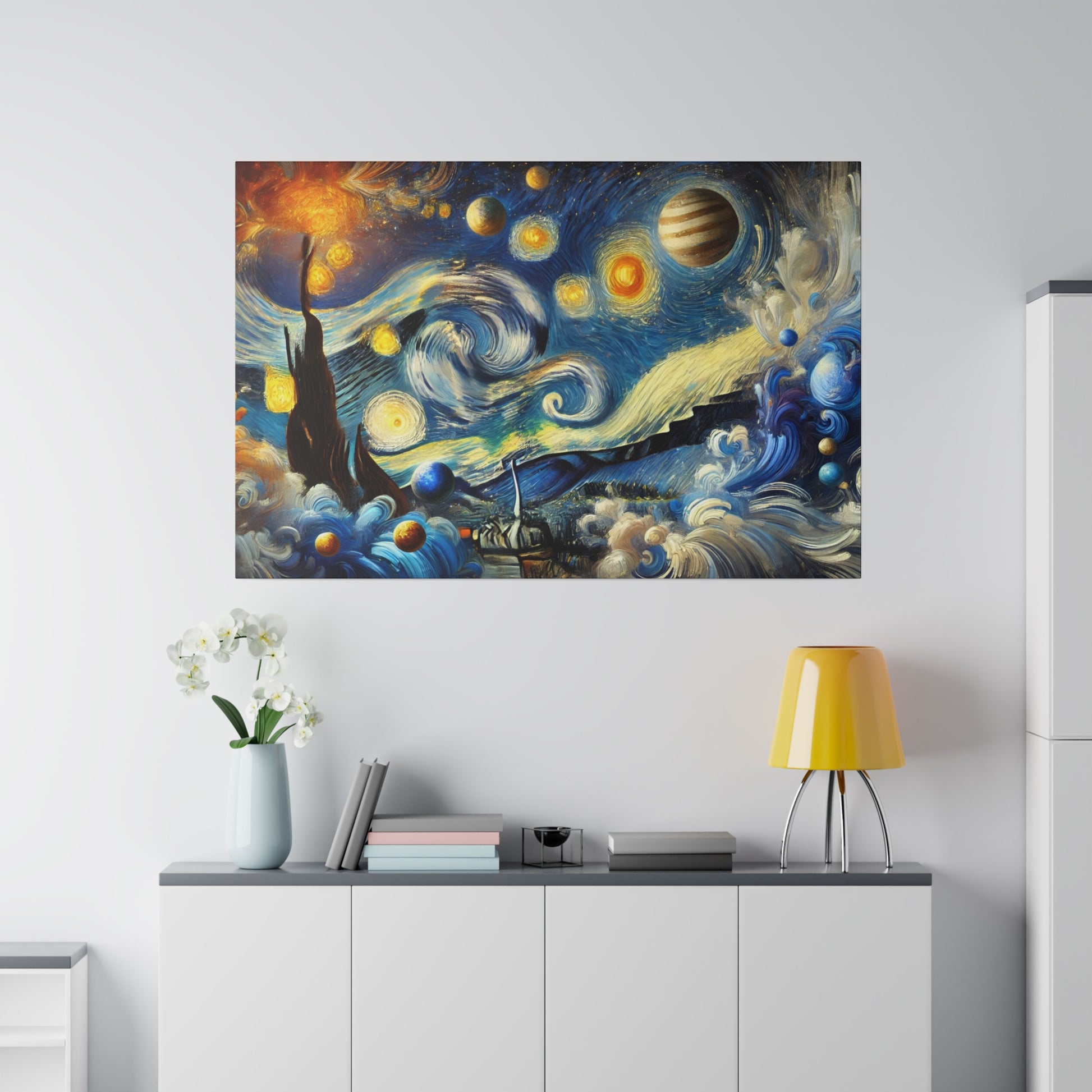Abstract painting with swirling blue, yellow, and orange shapes hangs above a white cabinet with a blue vase and a yellow lamp.