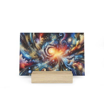 Colorful abstract galaxy painting on a rectangular canvas with a light wood display block in front.