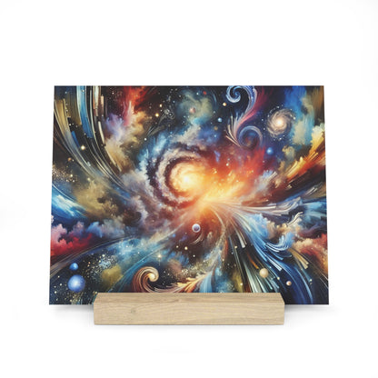 Colorful abstract space-themed art print with swirling galaxies and nebulae, mounted on a light wood stand.