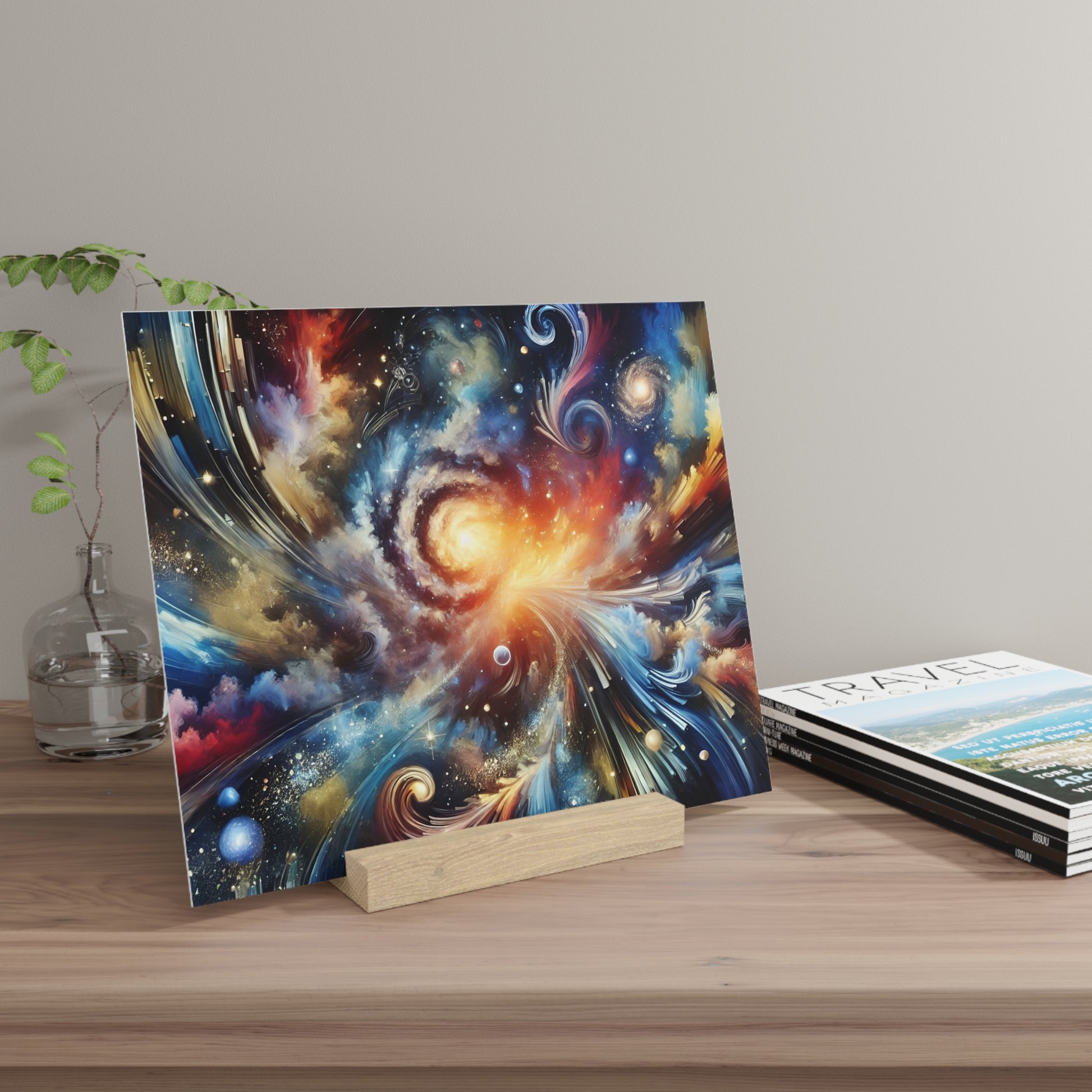 Colorful space-themed art print on a small wooden easel, featuring swirling orange, blue, and yellow cosmic patterns beside a magazine