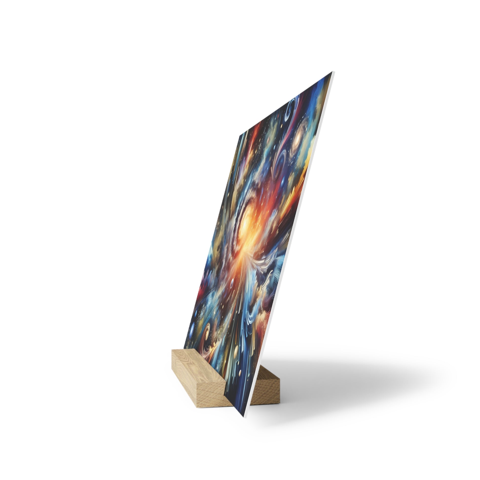 Tall, slim display panel with a vibrant abstract artwork in swirling blues, oranges, and yellows, supported by wooden blocks.
