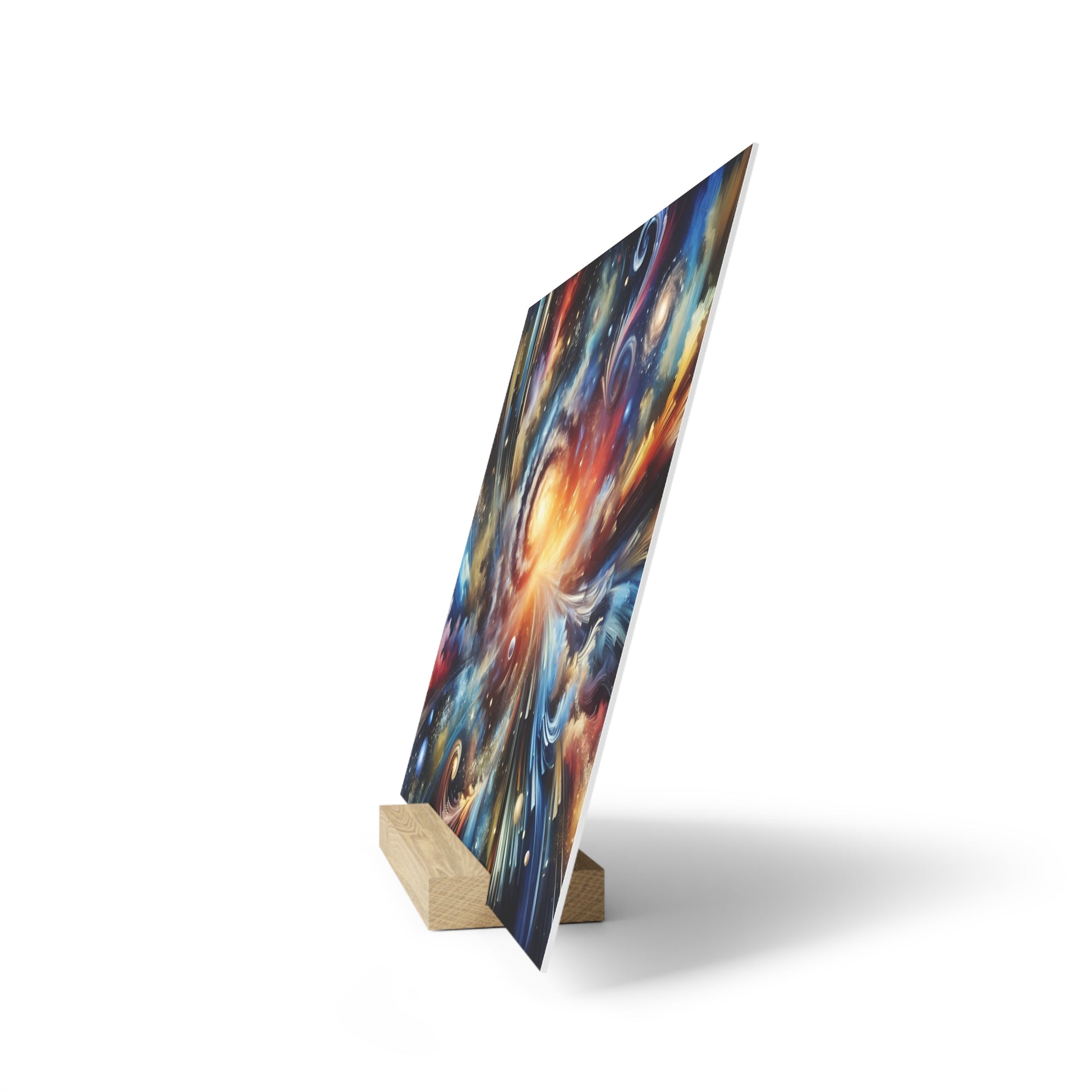 Tall, vertical abstract art print with multicolored swirls leaning on a light wooden easel against a white background.