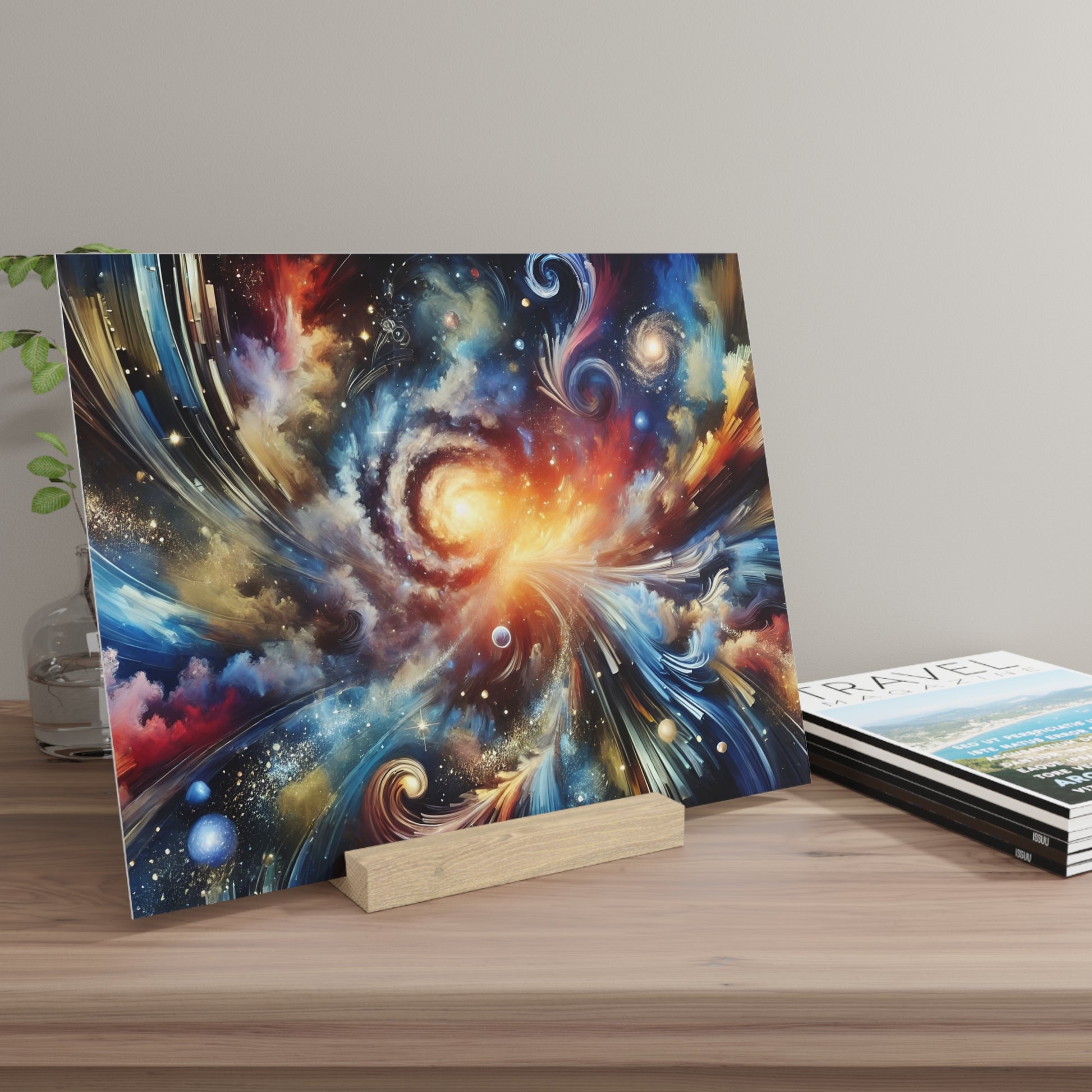 Colorful abstract space painting on a wooden stand, leaning against a light wall beside travel magazines.