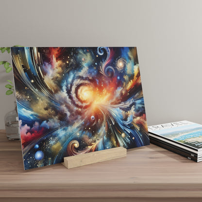 Colorful abstract space painting on a wooden stand, leaning against a light wall beside travel magazines.