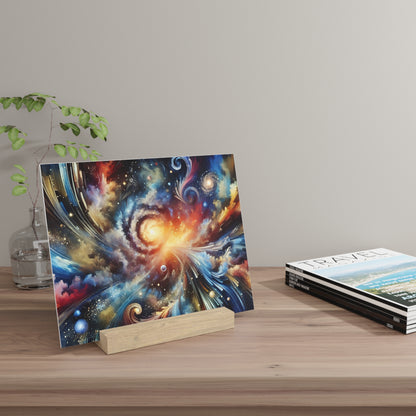 Colorful abstract space scene print propped on a wooden block stand on a light wood table beside magazines and a glass vase.