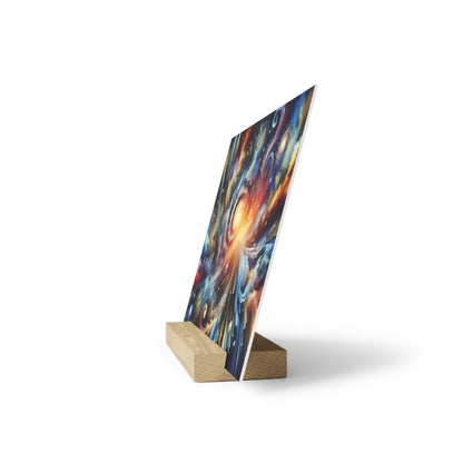 Vertical poster with a vibrant abstract space-themed mural in blues, yellows, and reds, mounted on a light wood easel.