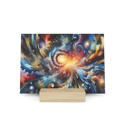 Colorful abstract galaxy painting on a square canvas with a light-wood block stand in front.