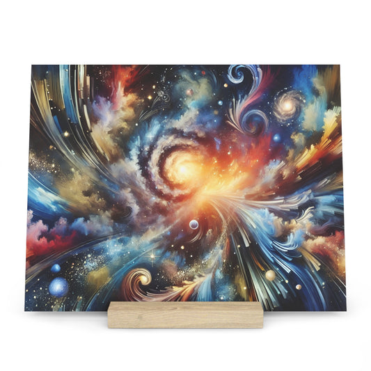 Abstract space painting with swirling orange, blue, and white nebulae on a square canvas mounted on a light wood base.