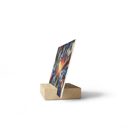 Vertical poster featuring colorful abstract swirls in a light wood block stand.