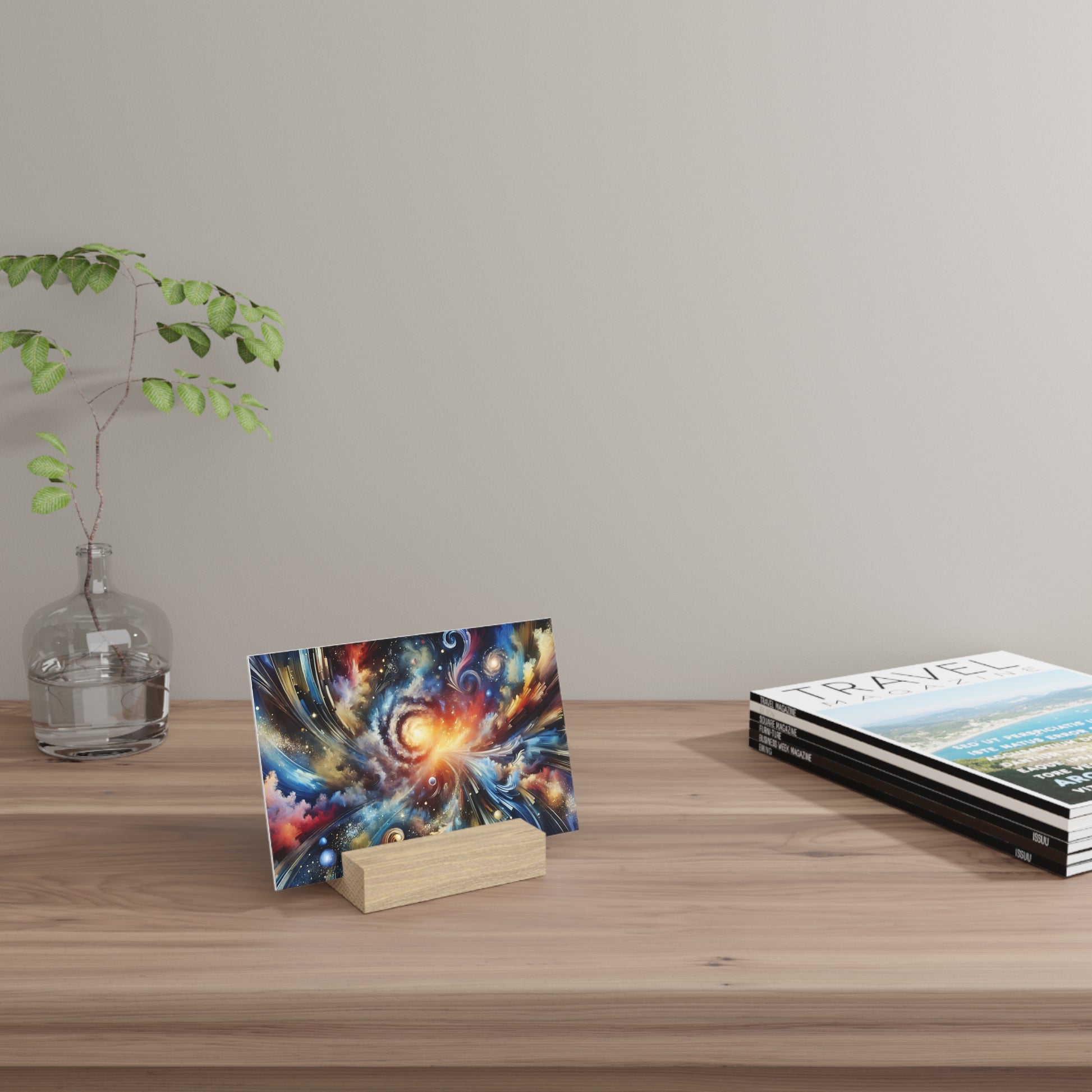 Glass vase with a leafy branch, a colorful abstract card on a wooden stand, and a Travel magazine stack on a wooden table.