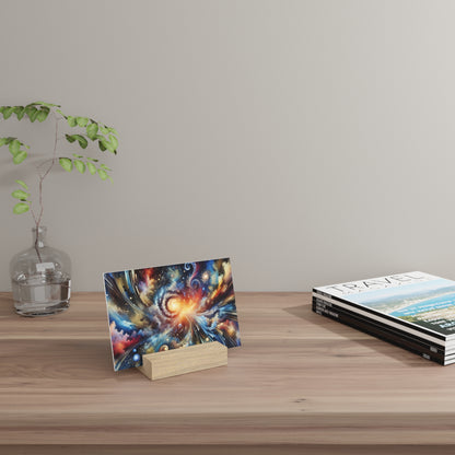 Glass vase with a leafy branch, a colorful abstract card on a wooden stand, and a Travel magazine stack on a wooden table.