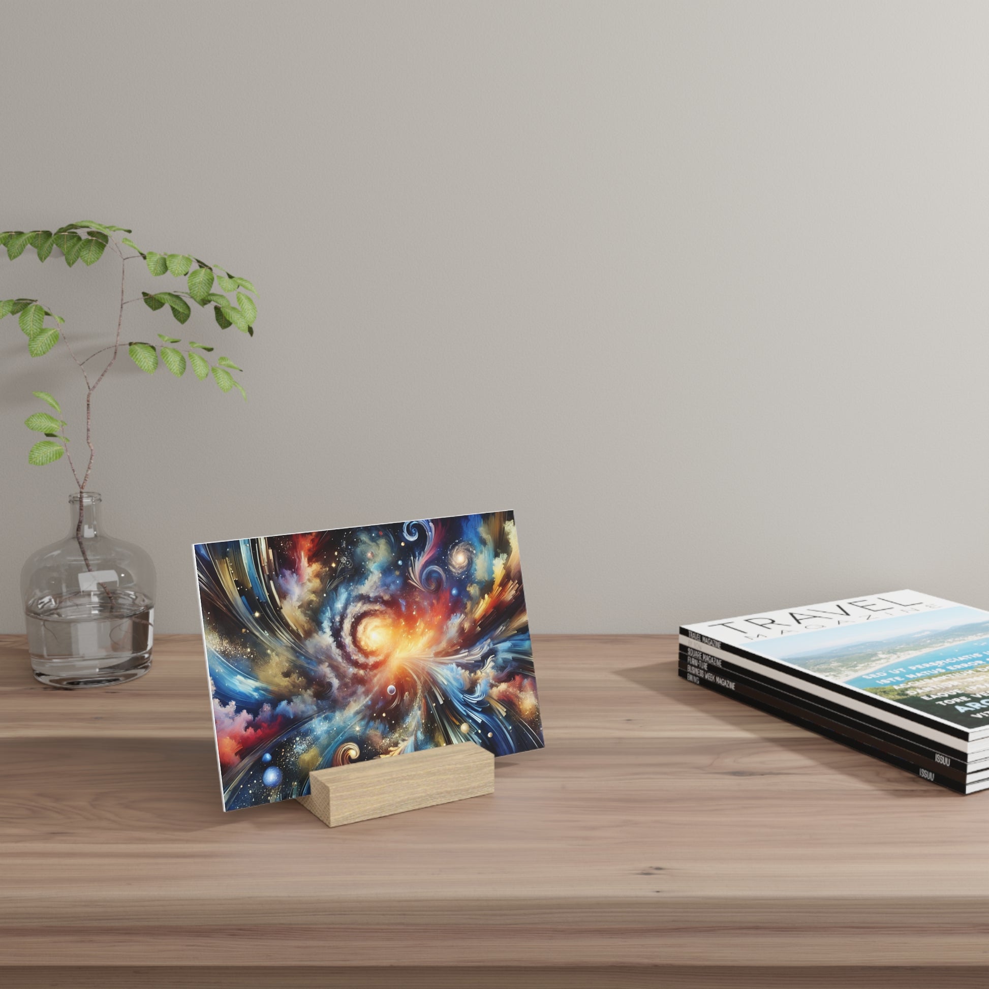 Colorful abstract art card on a small wooden stand sits on a light wood desk, with a glass vase and a stack of magazines nearby.