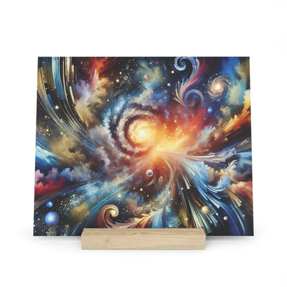 Abstract cosmic painting with swirling galaxies in orange, blue, and yellow on a square canvas with a light wood stand.