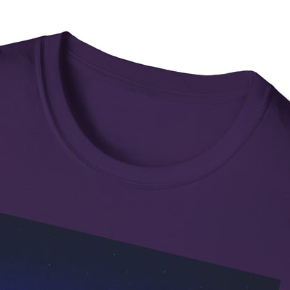 Close-up of a purple crewneck T-shirt with a dark blue diagonal graphic panel featuring small stars.