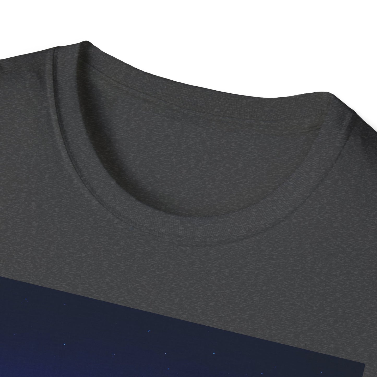 Close-up of a dark gray heather crew-neck T-shirt neckline, showing the curved collar and fabric texture.