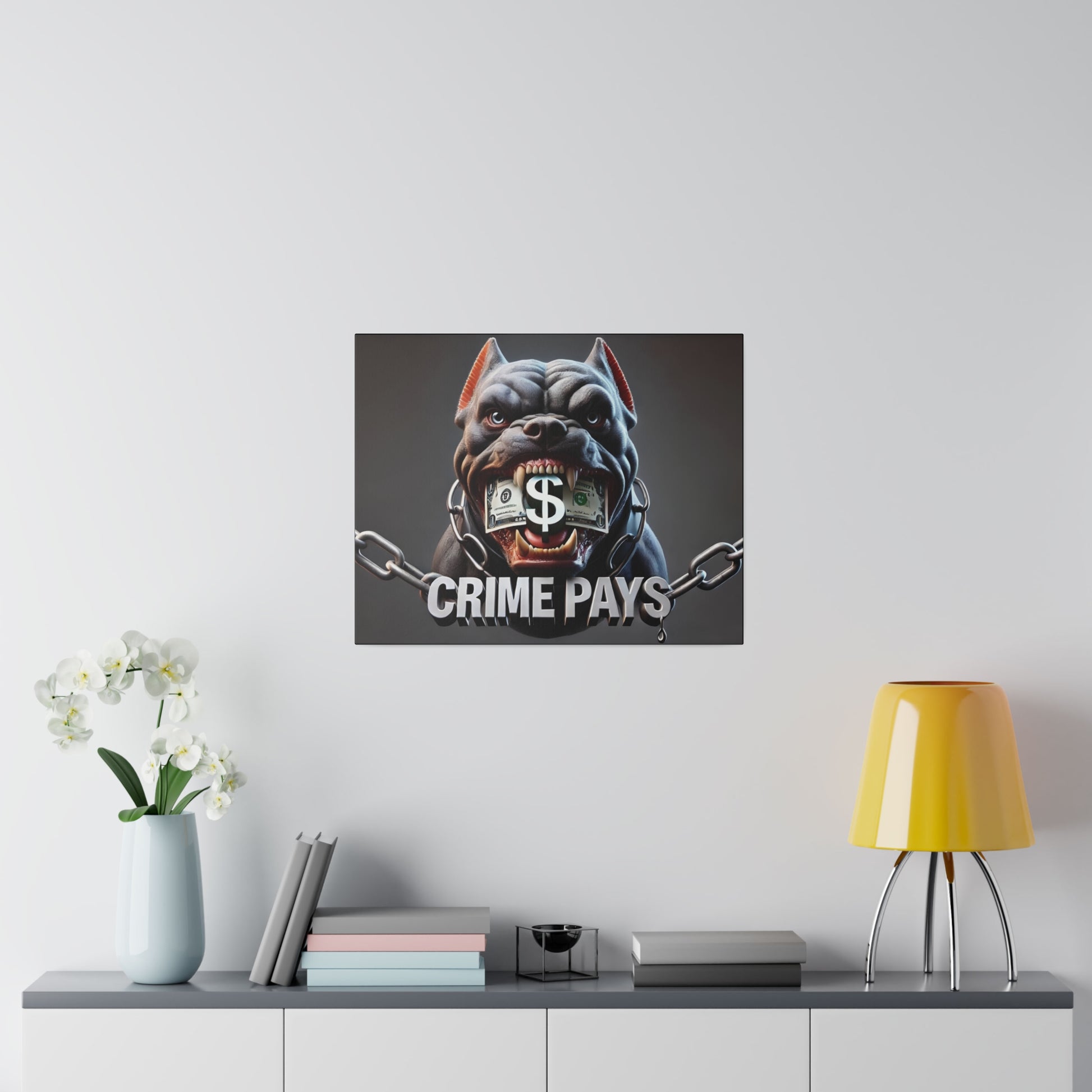 Poster of a muscular bulldog with money in its mouth, chained muzzle, and the words "CRIME PAYS" at the bottom.