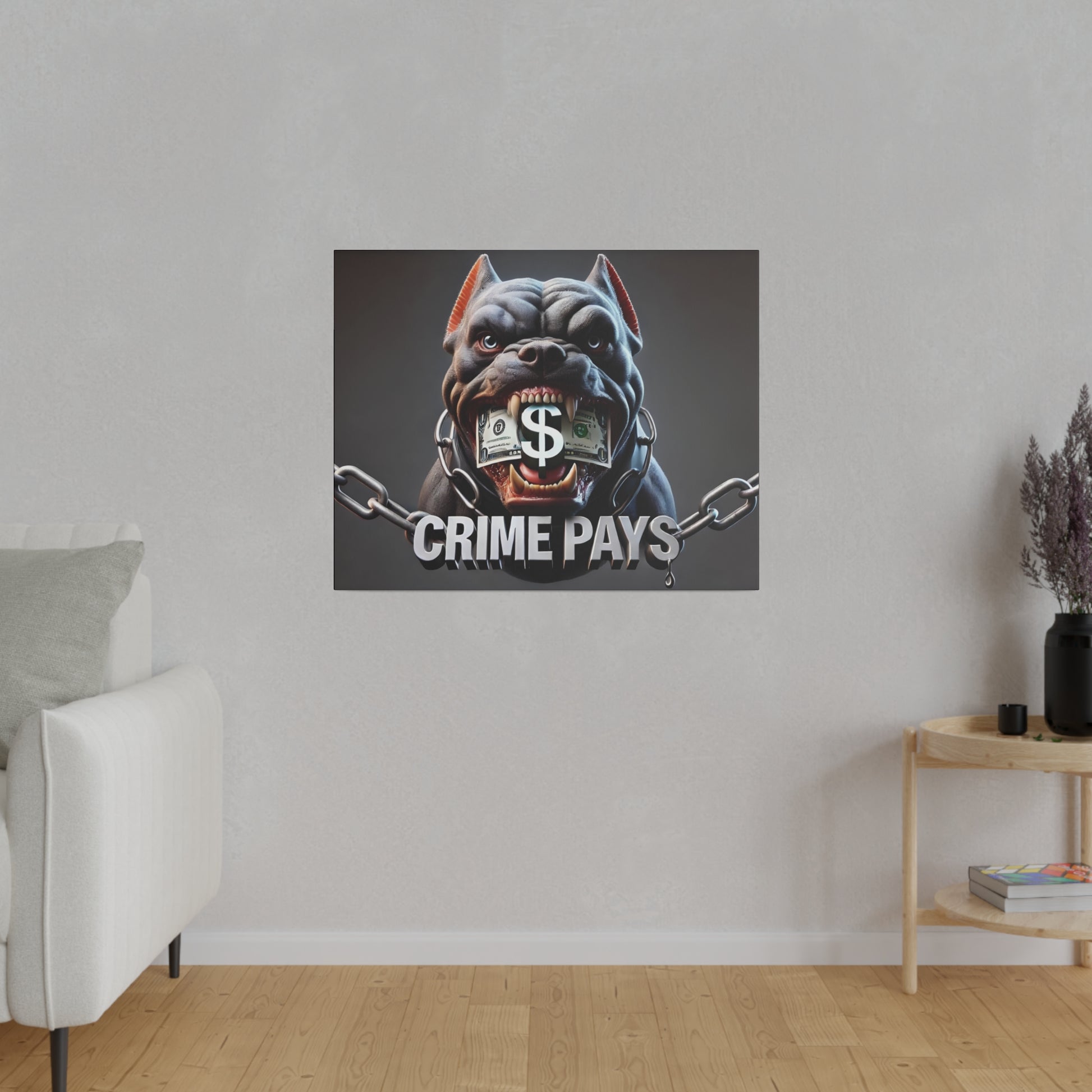 Framed poster of a gray bulldog with a dollar bill in its mouth, chained, with "CRIME PAYS" text.