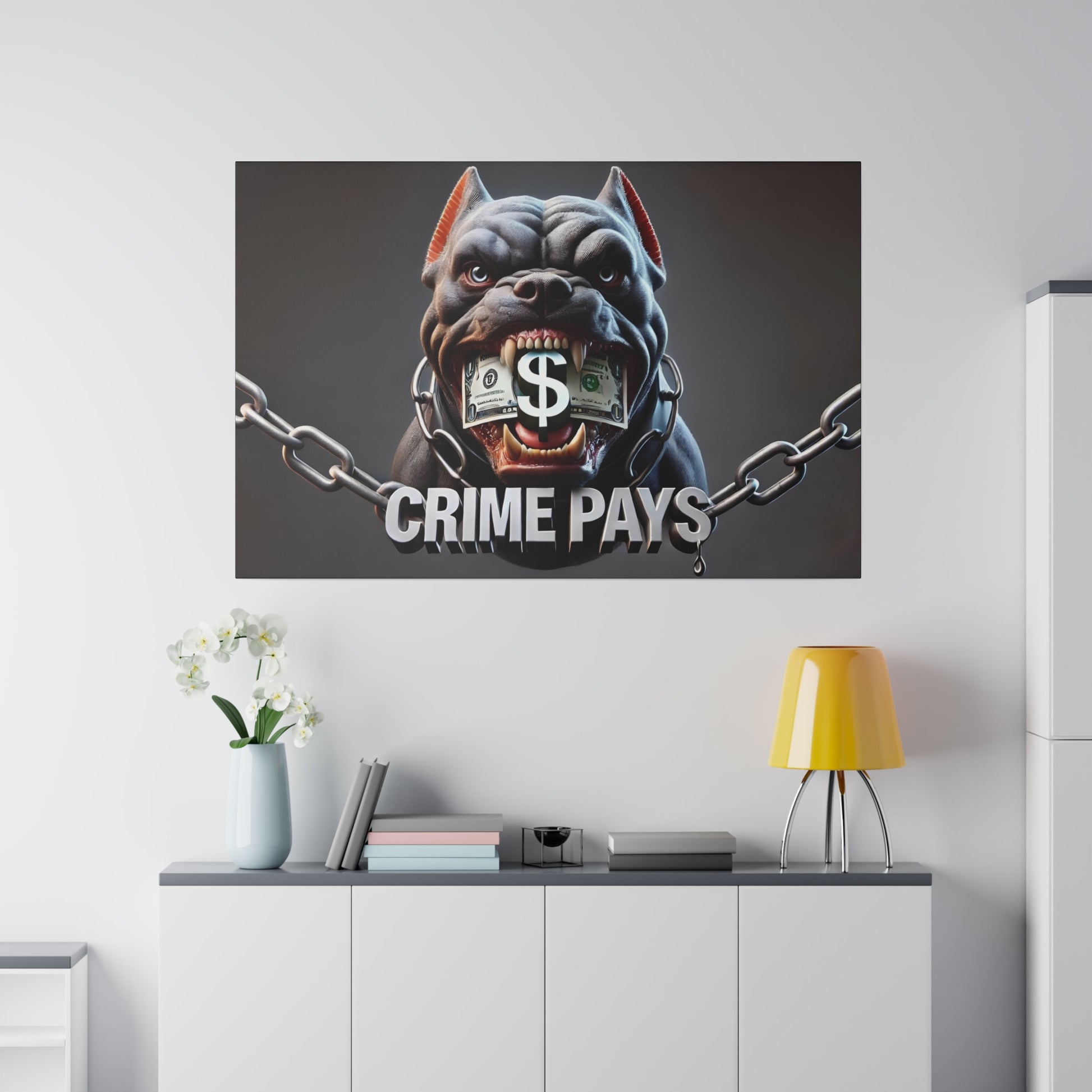 Bulldog with a dollar-bill in its mouth and chained, with the text "CRIME PAYS" beneath.