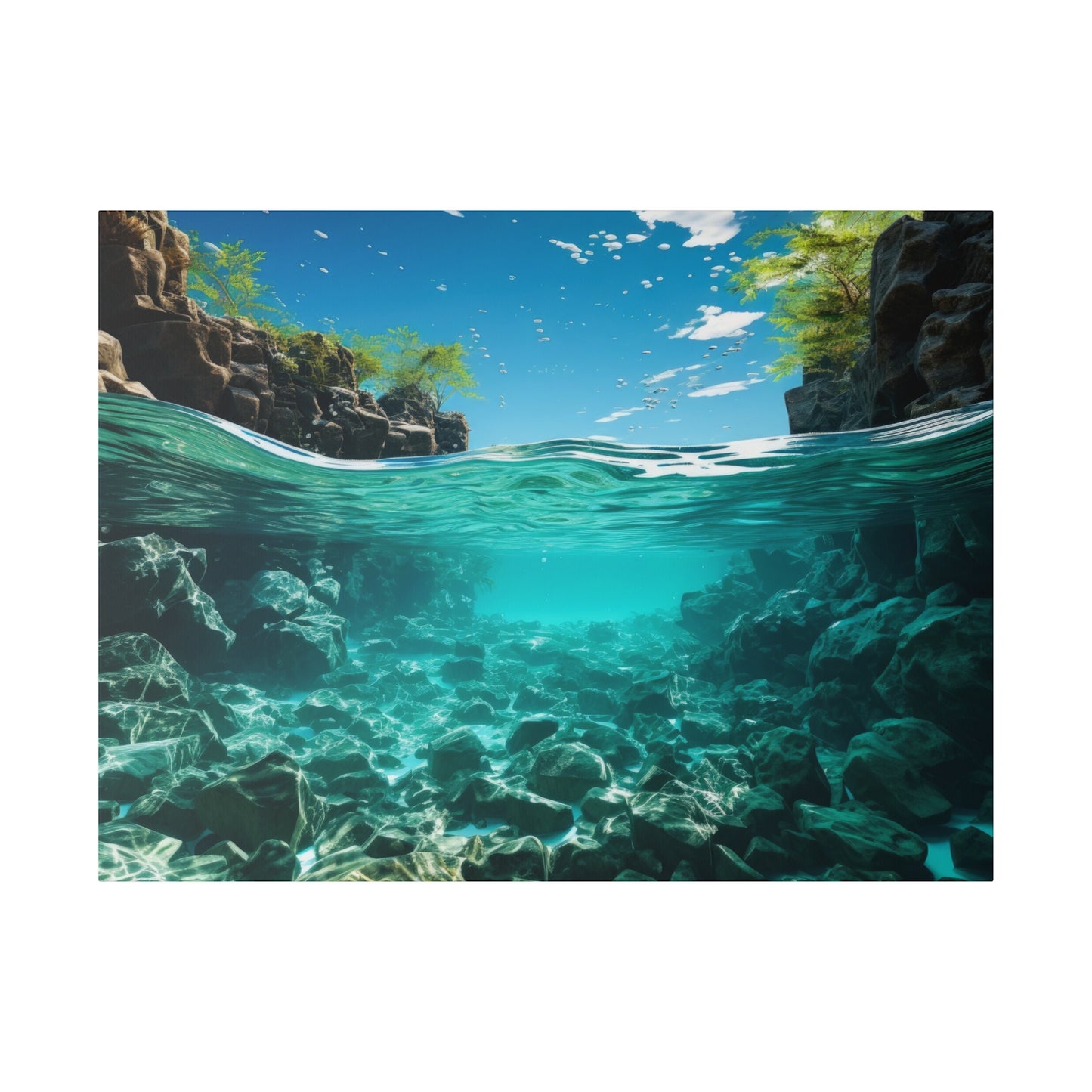 A crystal clear riverbed with underwater rocks visible beneath the surface and lush greenery along the banks. The clarity of the water is breathtaking and serene.