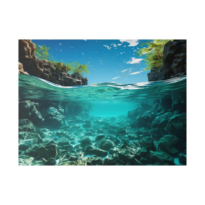 Underwater photo showing a turquoise rocky seabed beneath a clear blue surface, with cliffs and green trees along the waterline.
