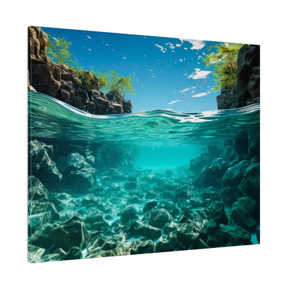 Half-submerged scene of turquoise water with rocky underwater terrain and sunlit cliffs with green foliage above.